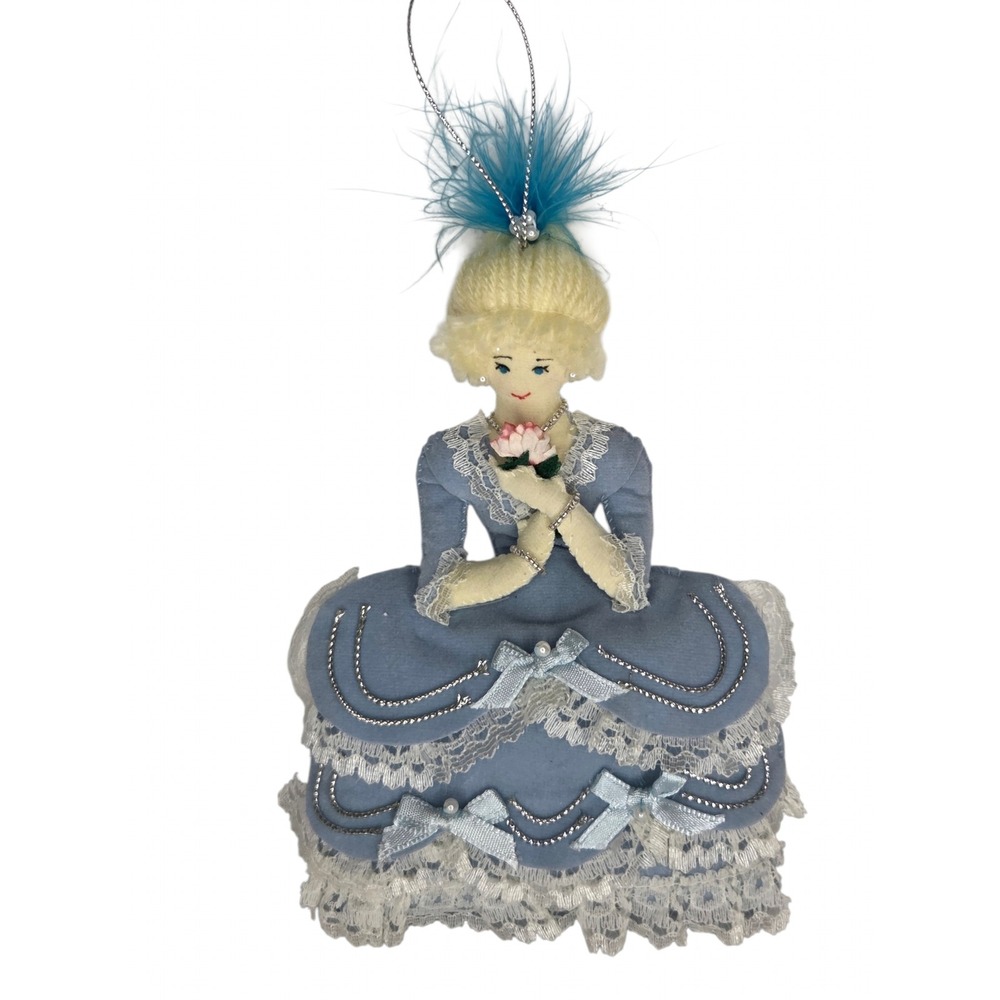 Victorian Lady Christmas Ornament Blue Lace Gown Feather Plume Marie Antoinette